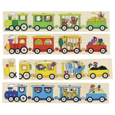 Memo i puzzle 4 pociągi - układanka drewniana Goki
