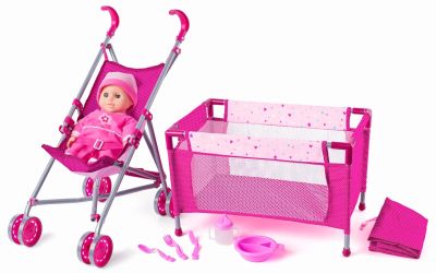 Lalka bobas z wózkiem i łóżeczkiem - zabawka 4w1