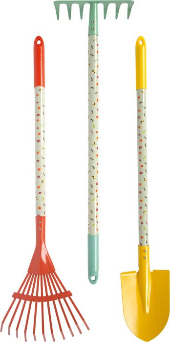 Duży zestaw narzędzi ogrodowych z taczką