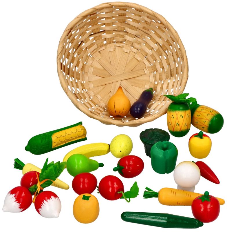 Drewniane owoce i warzywa w koszyku 21szt.