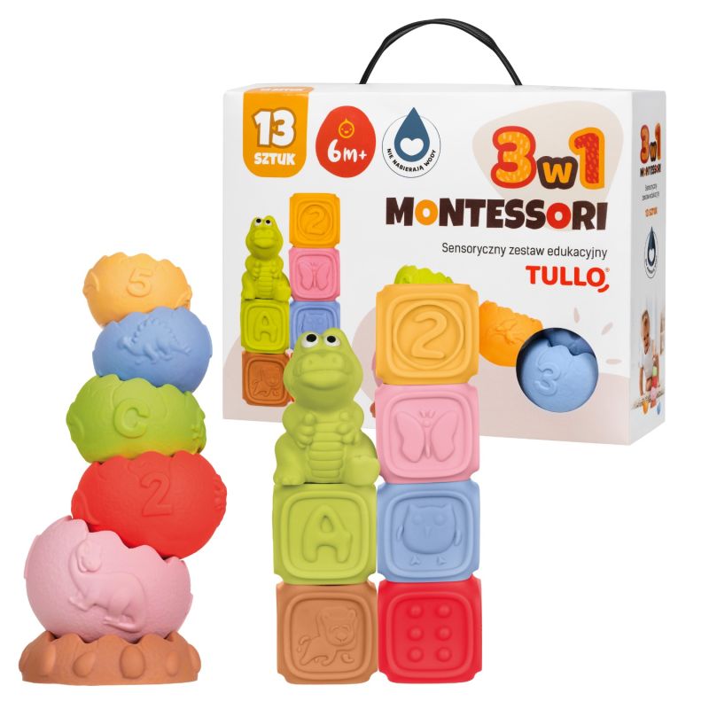 Zestaw Montessori  Klocki i piramida sensoryczna 13 el.