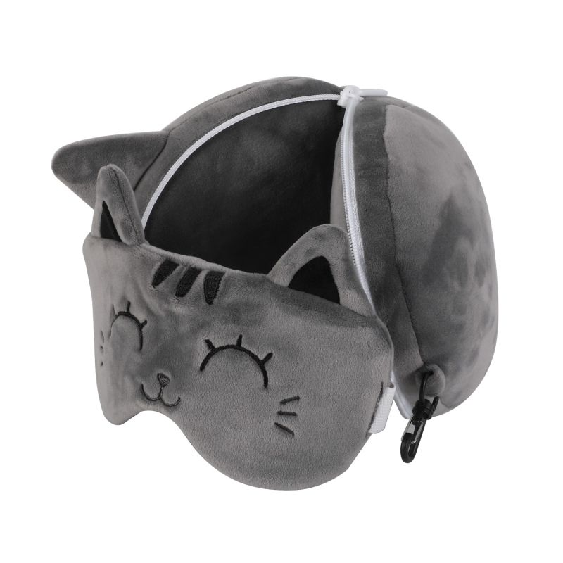 Poduszka podróżna z maską szary kot