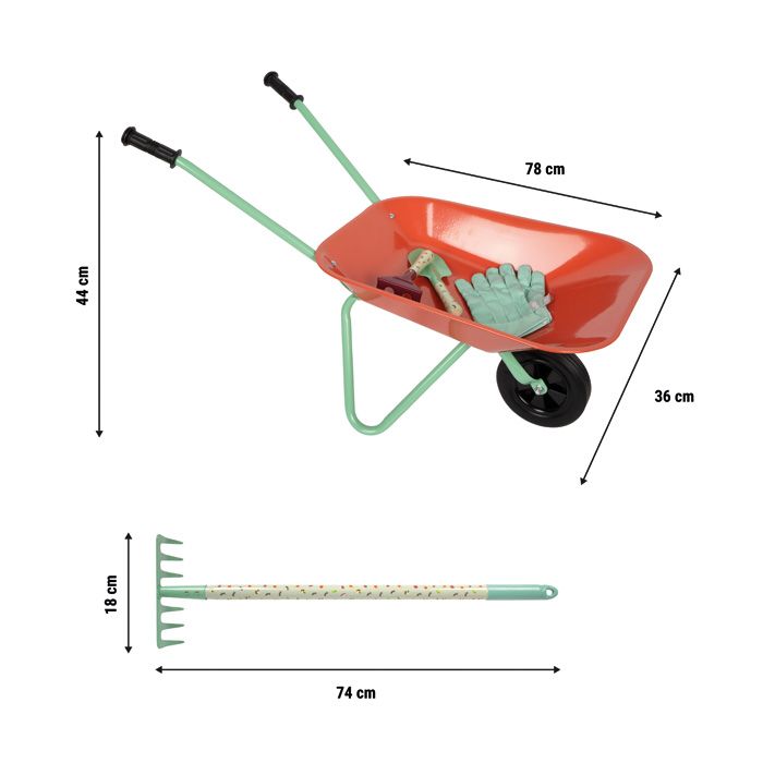 Duży zestaw narzędzi ogrodowych z taczką
