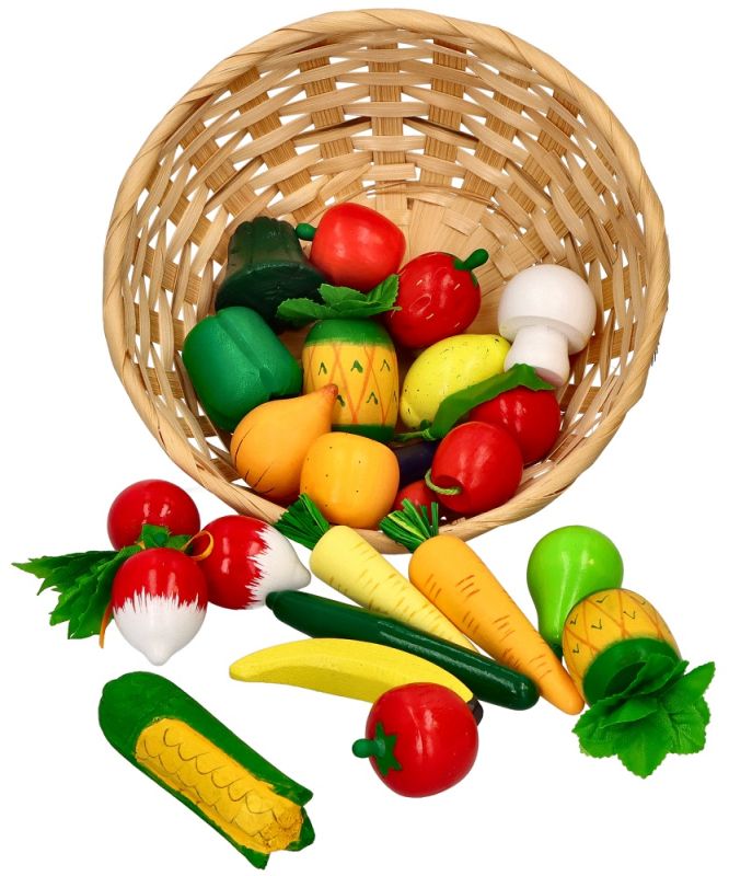 Drewniane owoce i warzywa w koszyku 21szt.