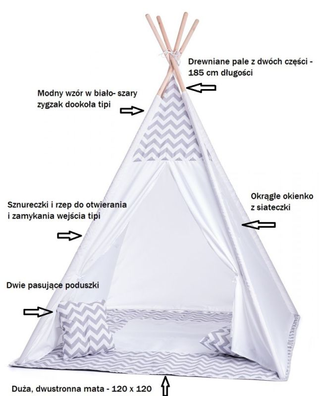 Duży namiot tipi biało-szary z poduszkami