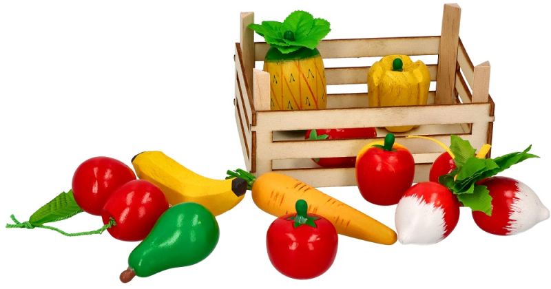 Drewniane owoce i warzywa w skrzynce